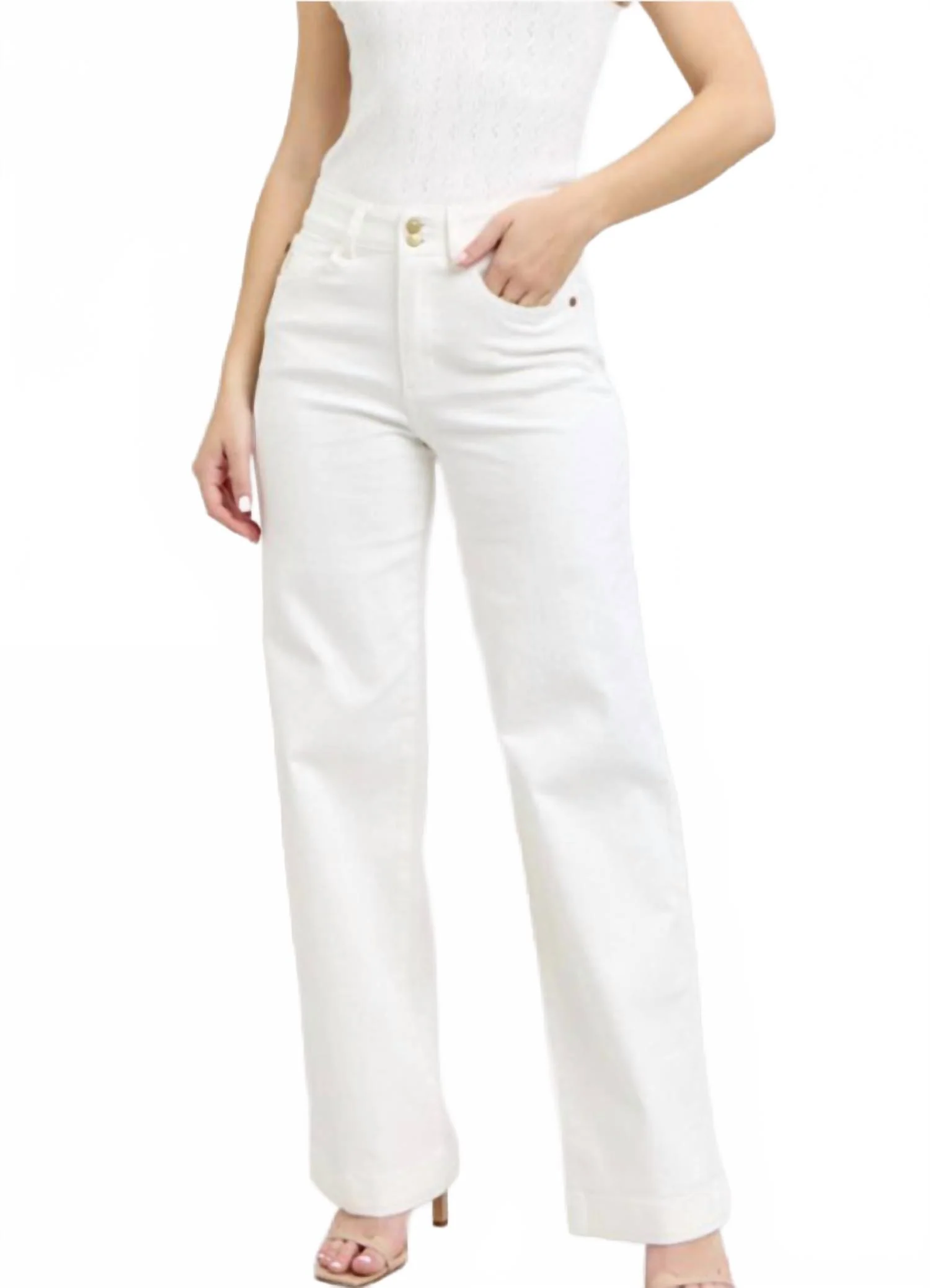 High Rise Double Button With Coin Pocket Embroidery Jeans In White