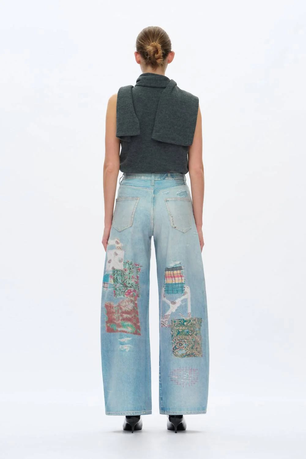 High Rise Patchwork Barrel Leg Jeans In Light Blue - Image 3