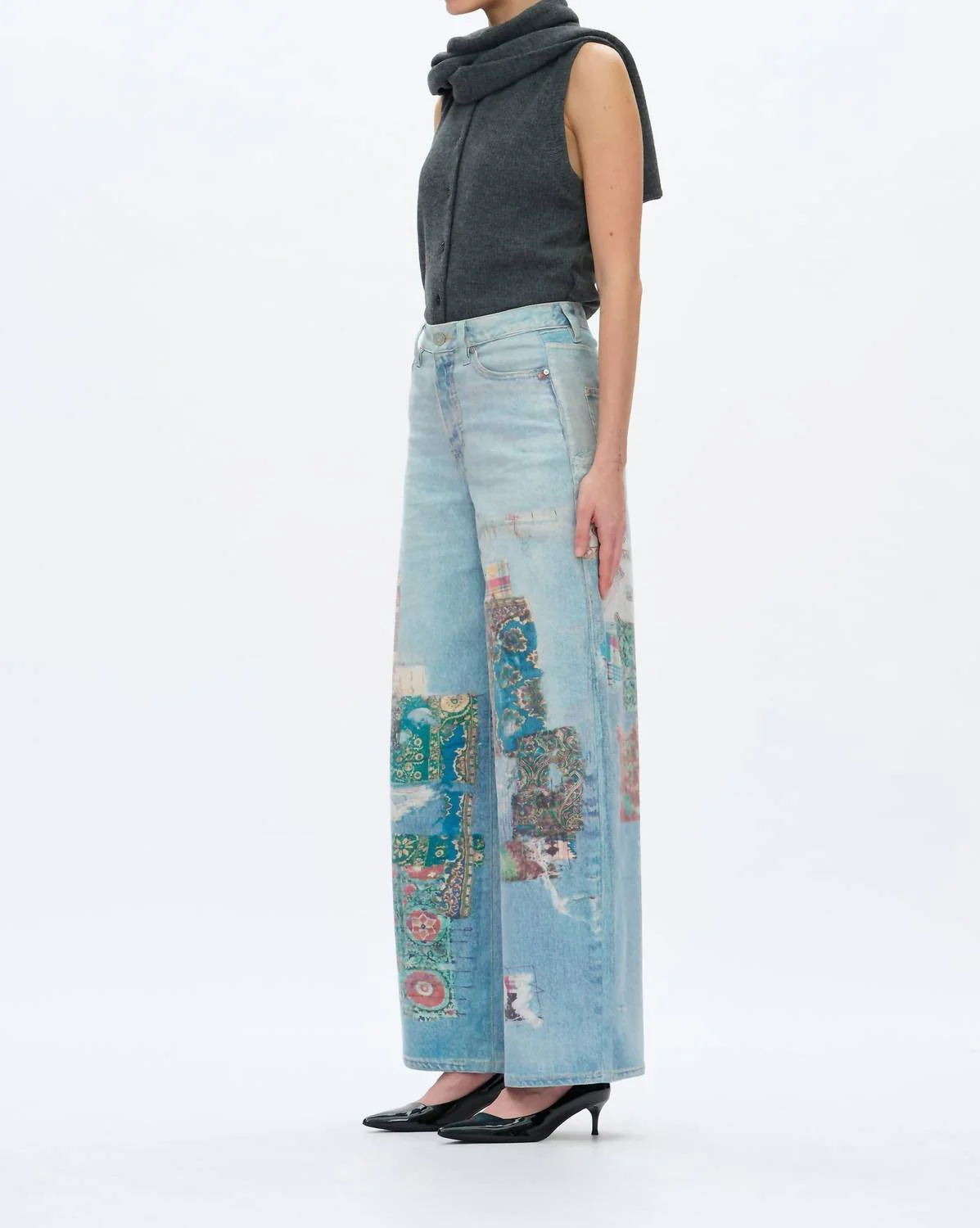 High Rise Patchwork Barrel Leg Jeans In Light Blue - Image 4
