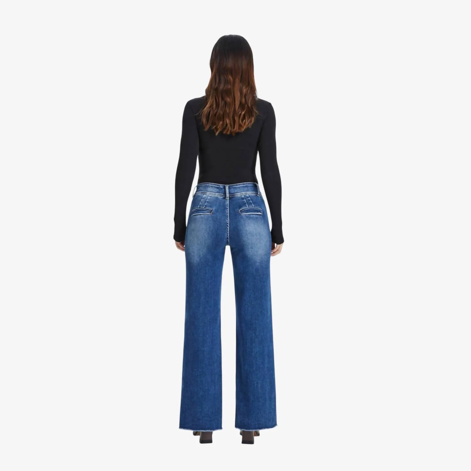 High Rise Raw Hem Jean In Medium Blue - Image 2