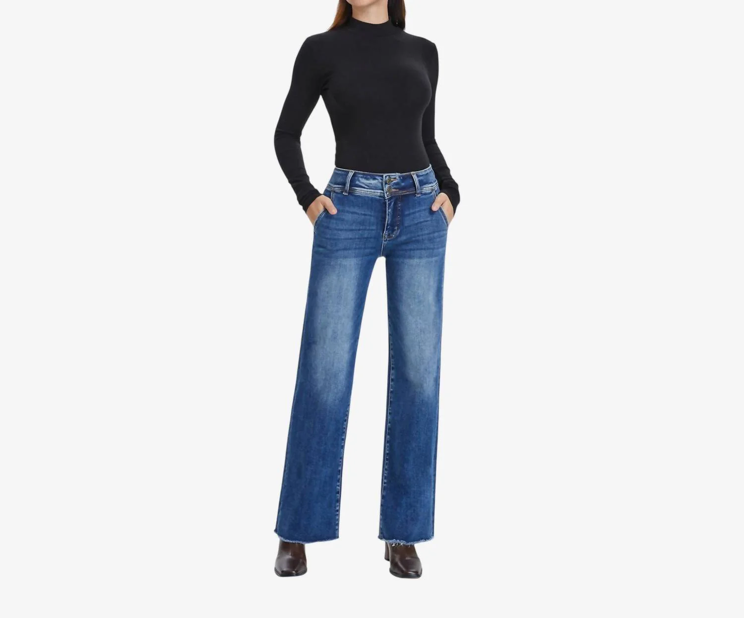 High Rise Raw Hem Jean In Medium Blue - Image 3