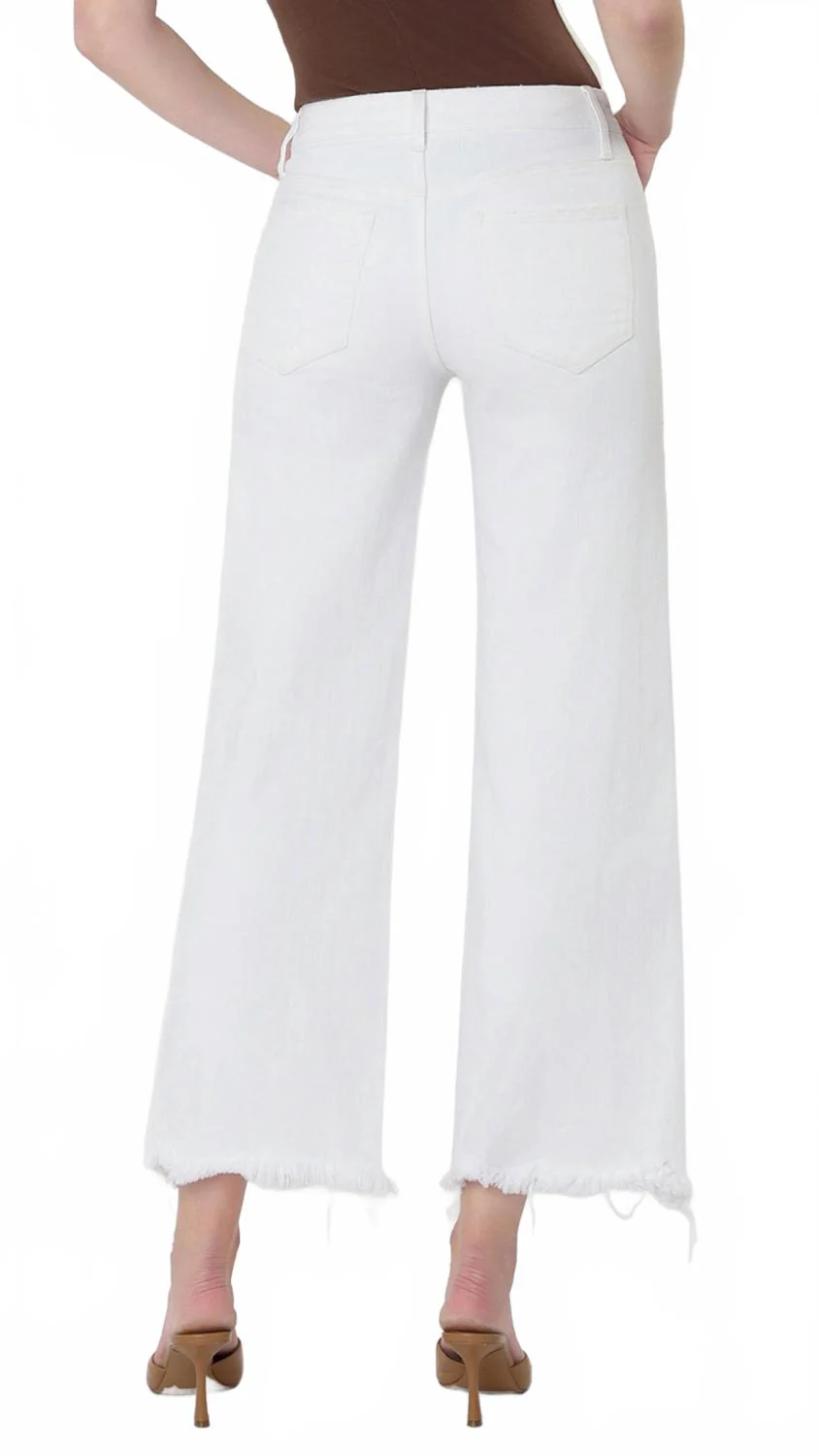 High Rise Slight Distressed Raw Hem Crop Wide Jeans In Optic White - Image 3