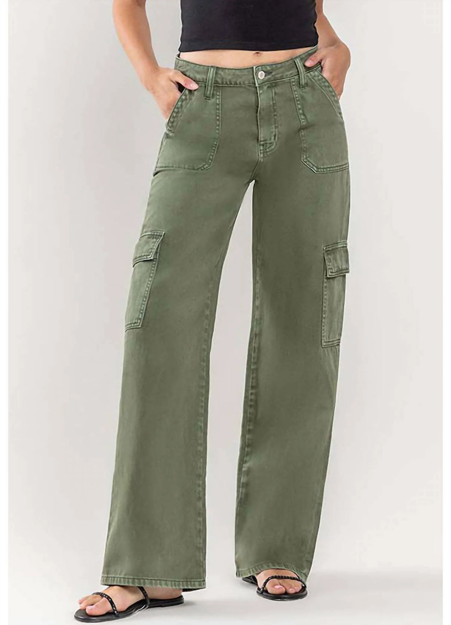 High Rise Utility Cargo Wide Leg Jeans In Thyme - Image 2