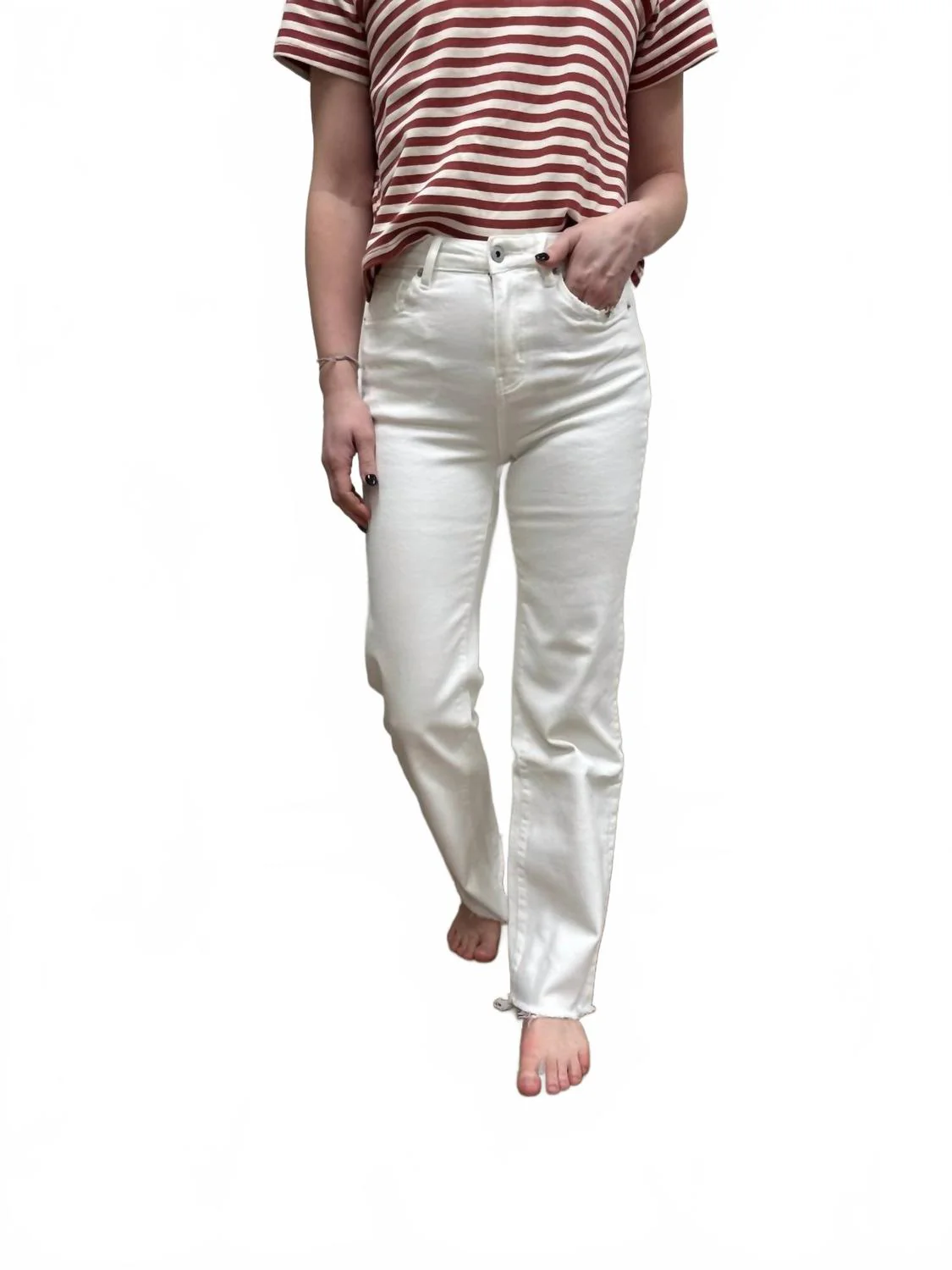 High Rise Wide Leg Jeans With Raw Hem In Alabaster