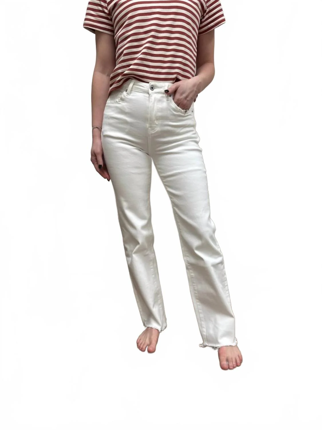 High Rise Wide Leg Jeans With Raw Hem In Alabaster - Image 2