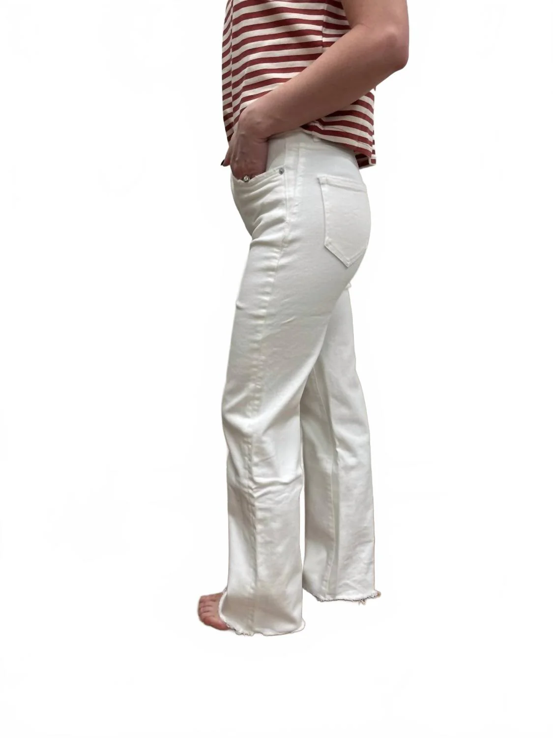High Rise Wide Leg Jeans With Raw Hem In Alabaster - Image 4
