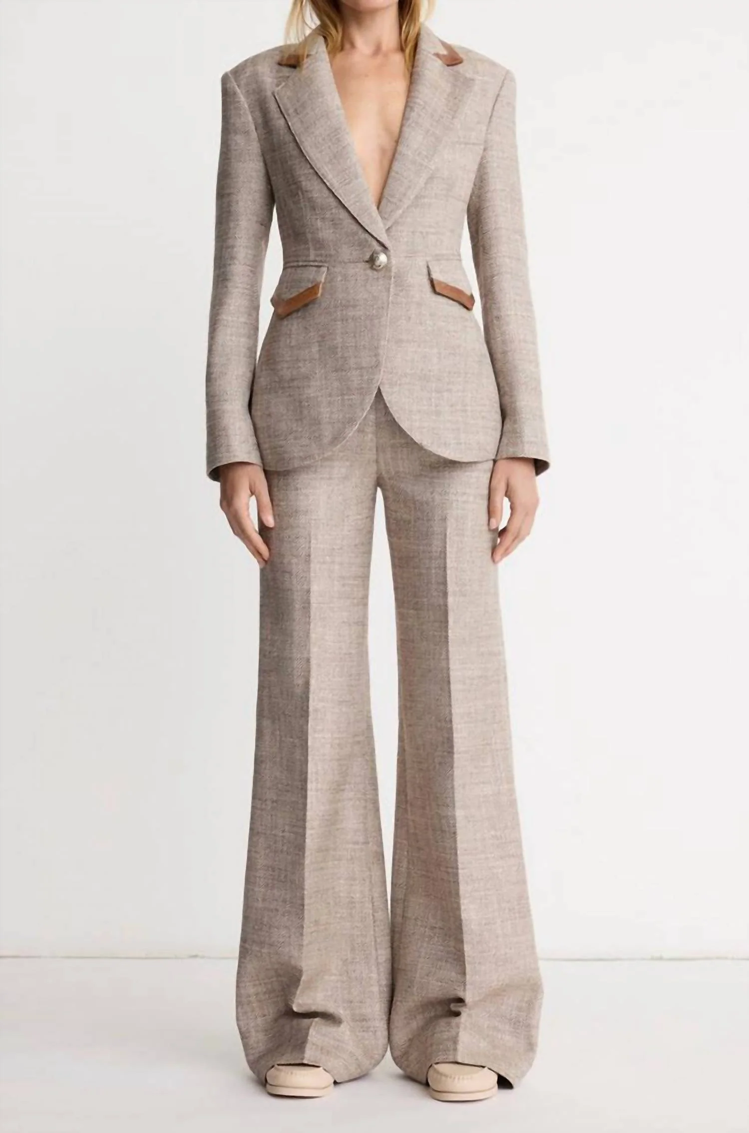 High Rise Wide Leg Pant In Taupe Tweed