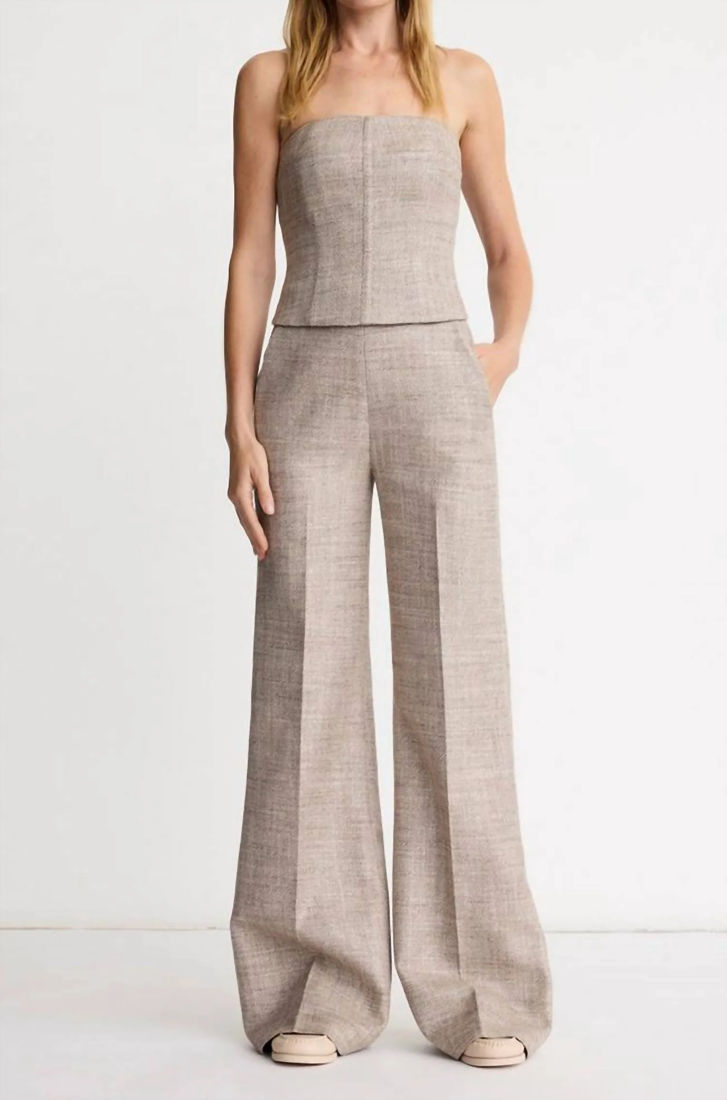 High Rise Wide Leg Pant In Taupe Tweed - Image 2