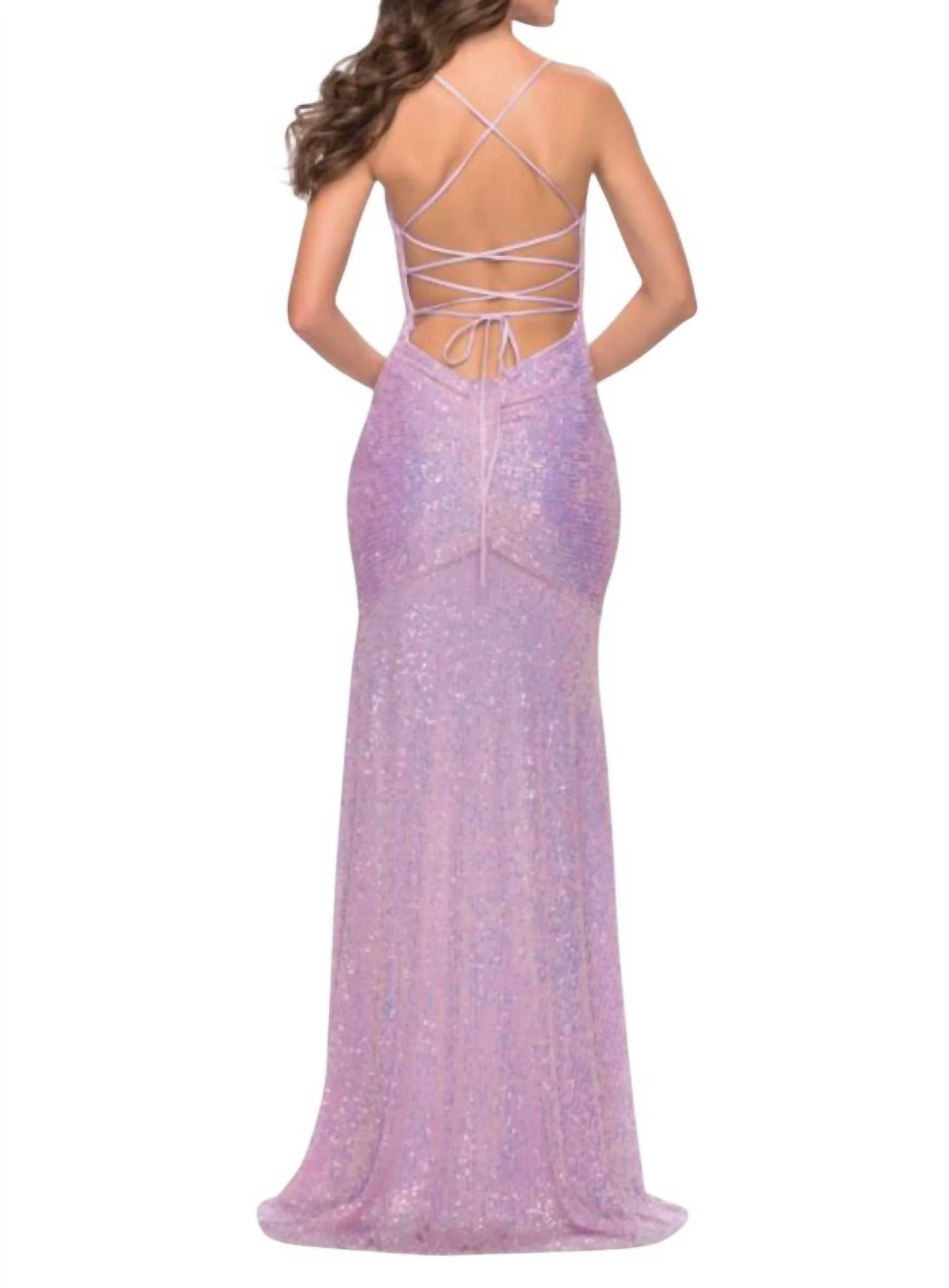 High Slit Lace-Up Back Sequin Dress In Light Periwinkle - Image 2