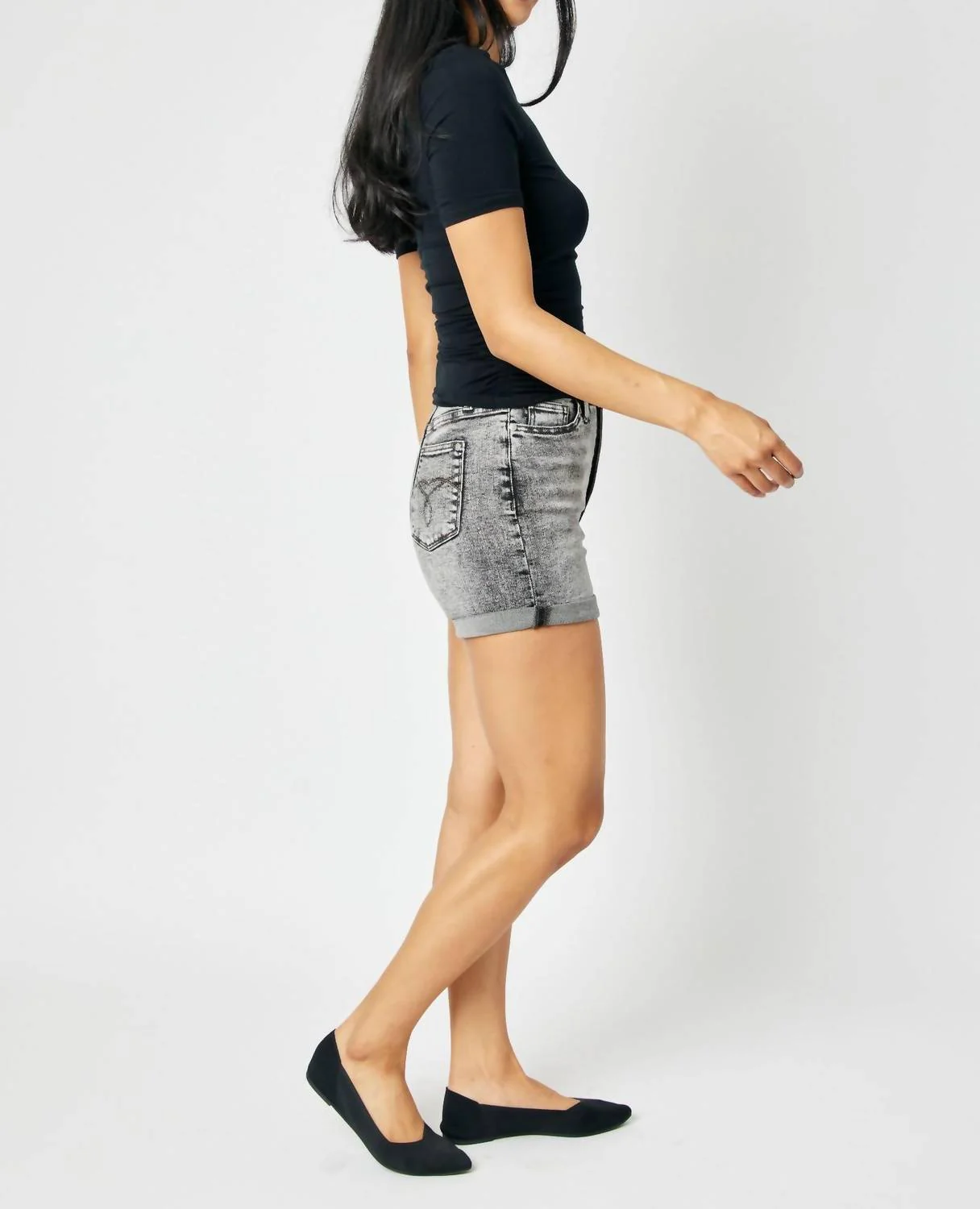 High Waist Button Fly Cuffed Shorts In Grey - Image 5