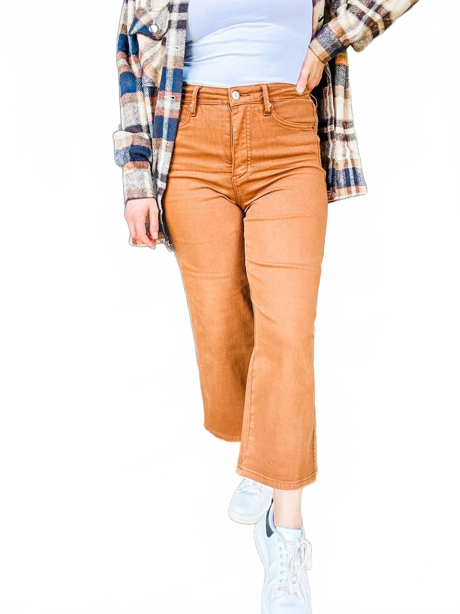High Waist Dyed Wide Crop Jeans In Camel - Image 2
