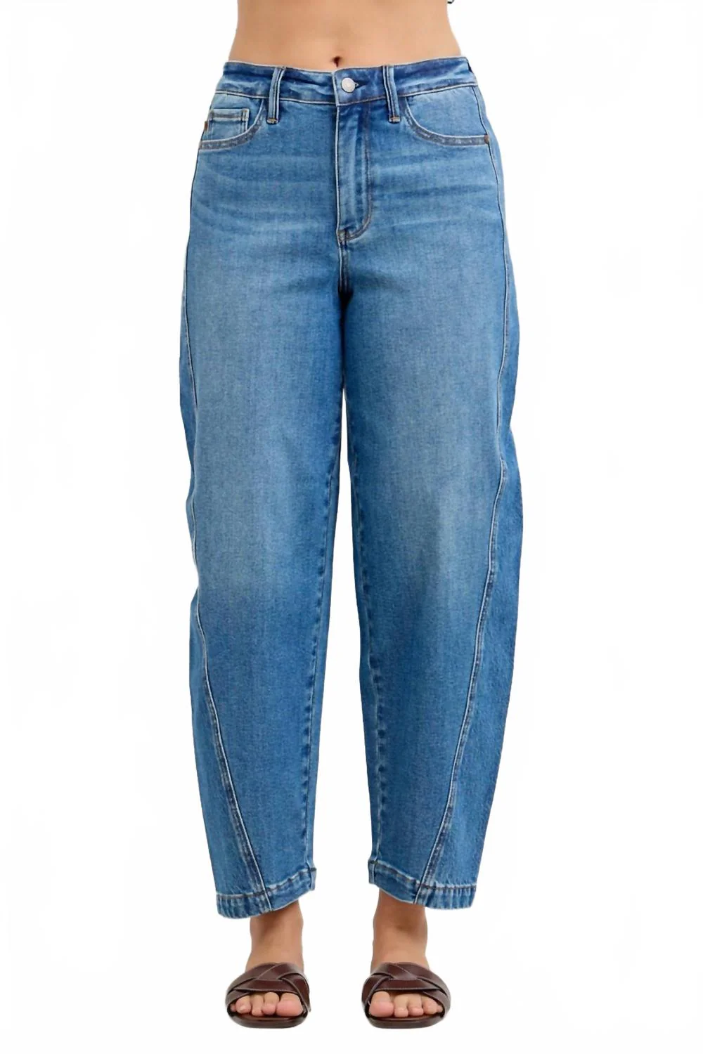 High Waist Rigid Panel Barrel Jean In Med Wash - Image 2