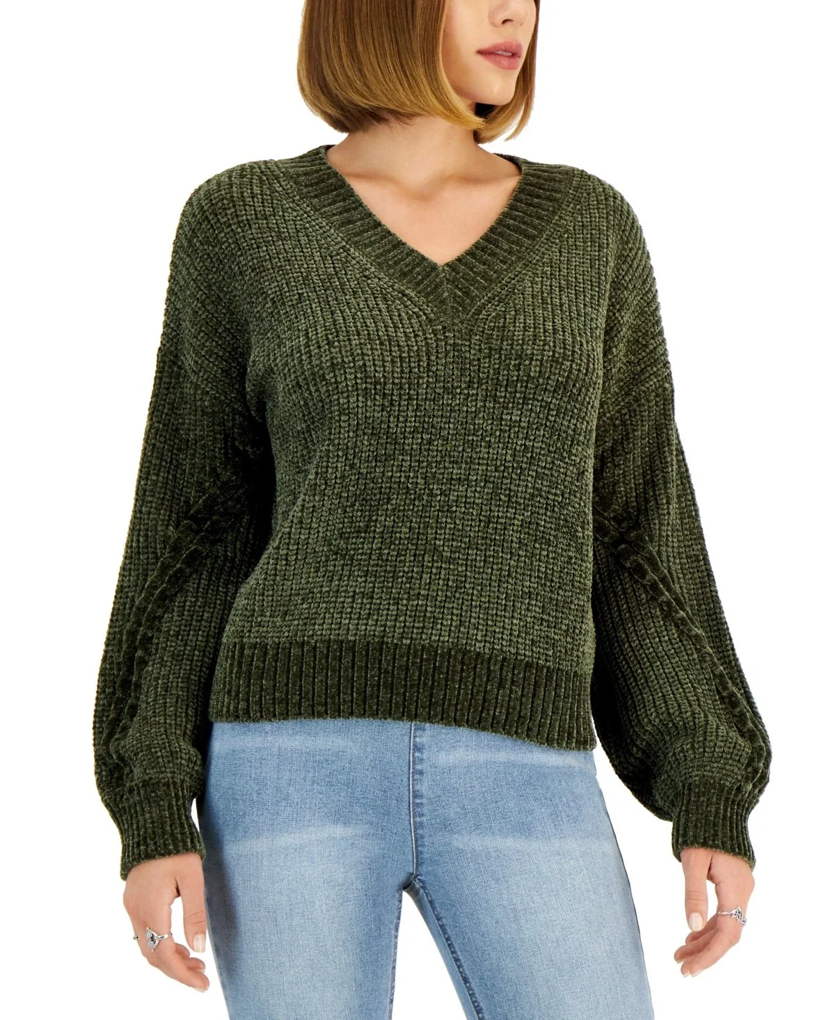 Hippie Rose Chenille Sweater Women's Juniors Green Cable Knit V-Neck PAL81 - Image 3