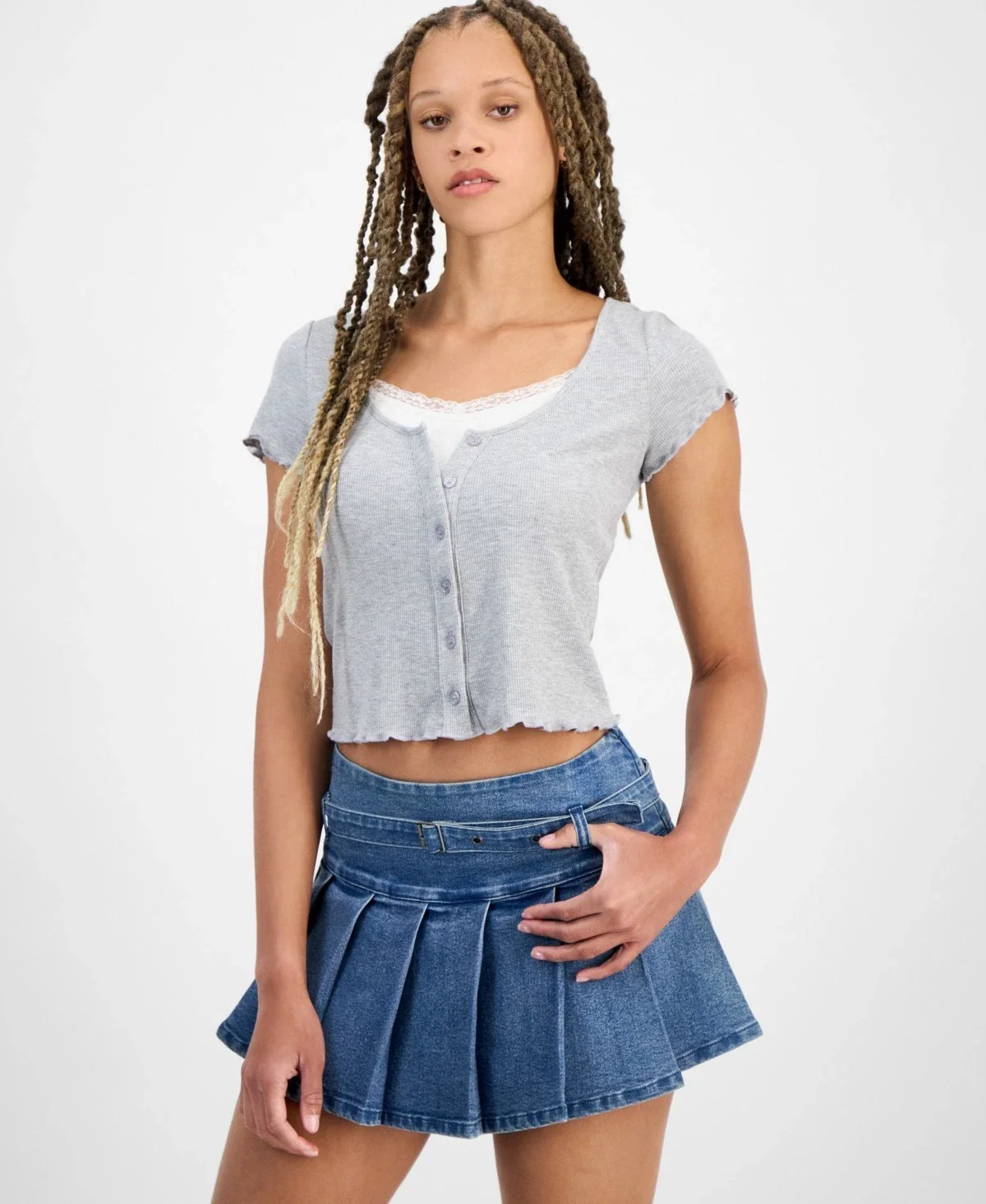 Hippie Rose Top Women's Gray Lace Trim Button Front Scoop Neck Cropped PAL 0 - Image 3