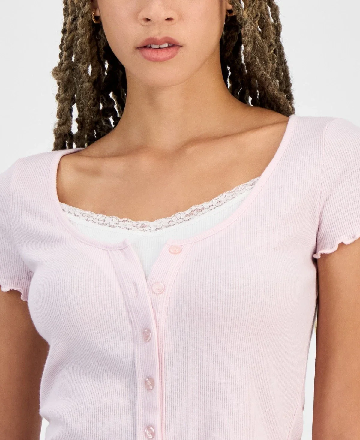Hippie Rose Top Women's Pink Lace Trim Button Front Scoop Neck Cropped PAL50 - Image 3