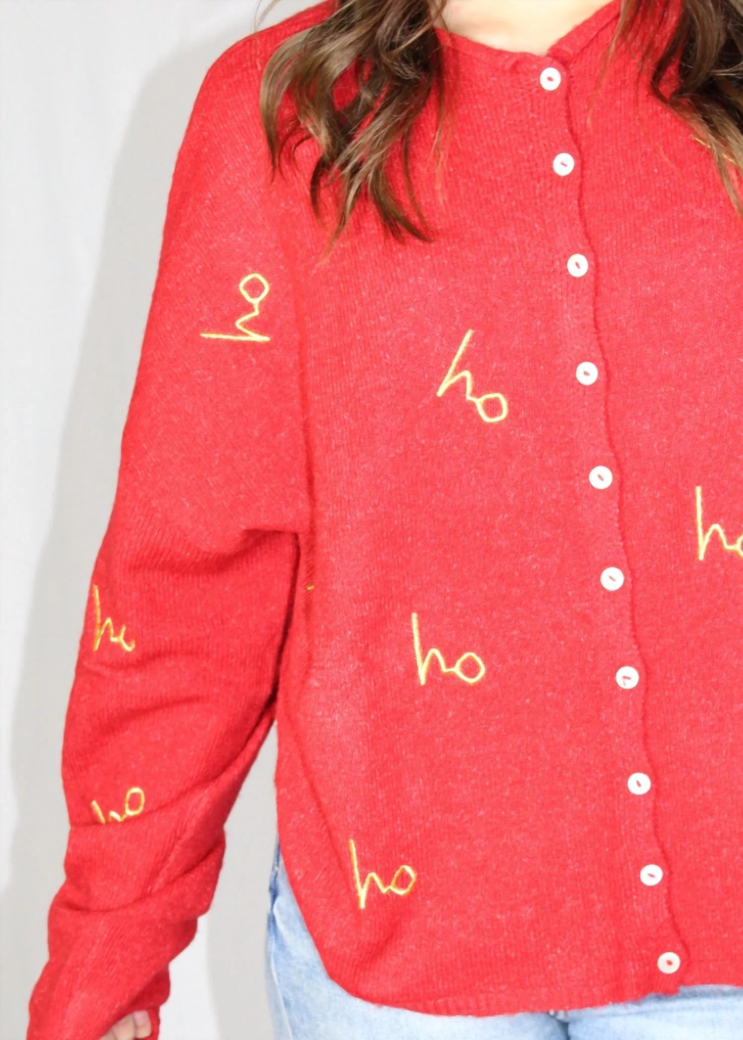 Ho Ho Ho Embroidered Cardigan In Red/gold - Image 2