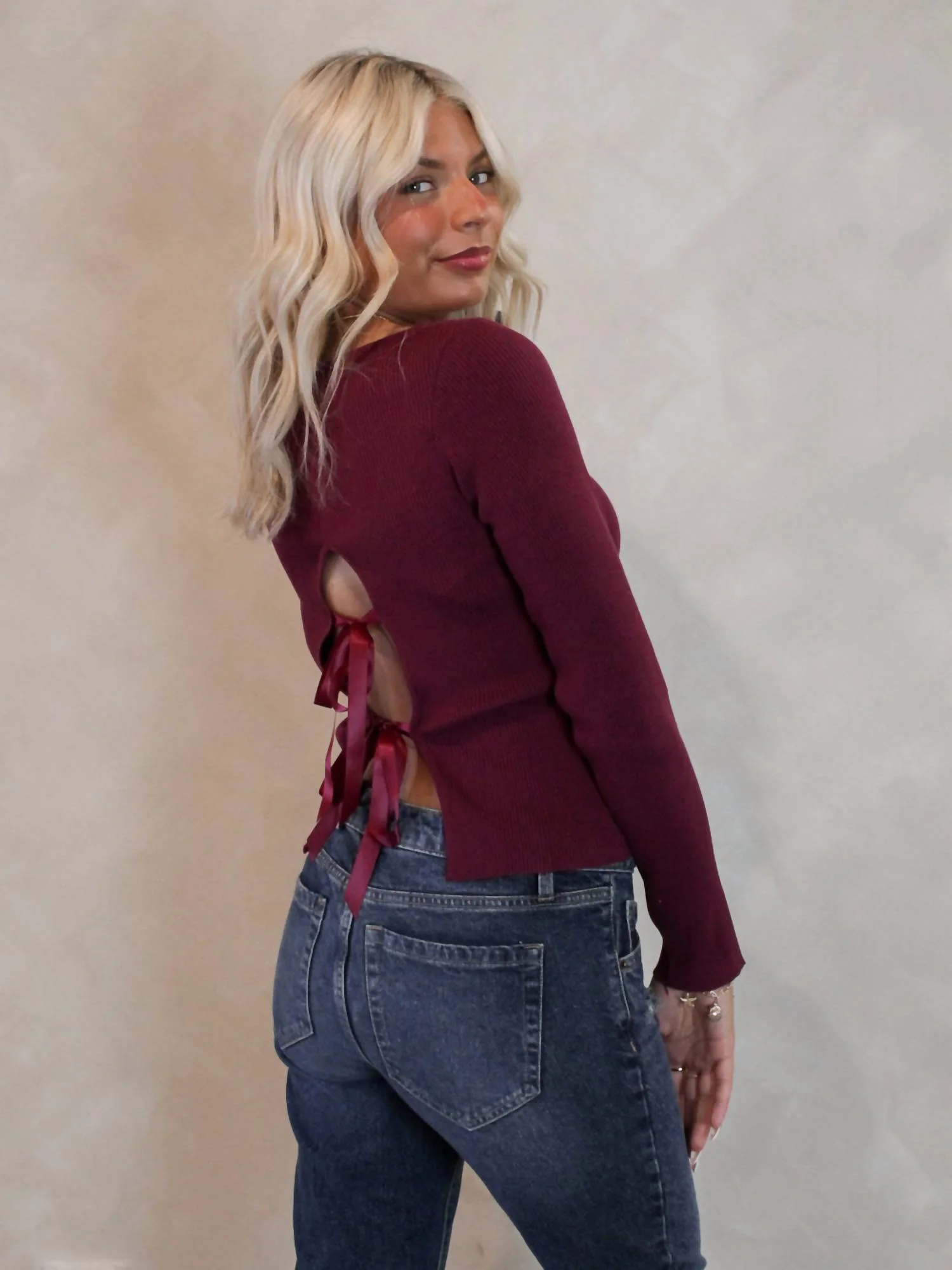 Homecoming Bow Sweater In Burgundy - Image 3