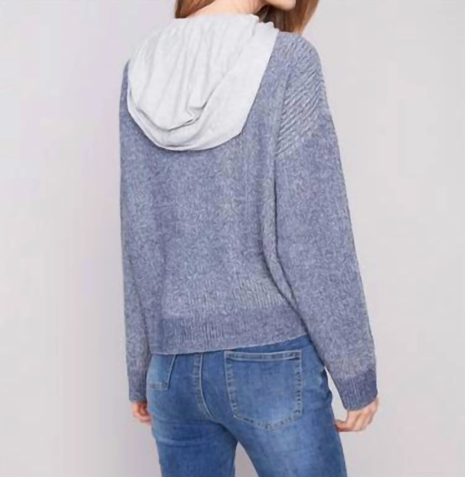 Hoodie With Front Cable Detail Sweater In Heather Denim - Image 3