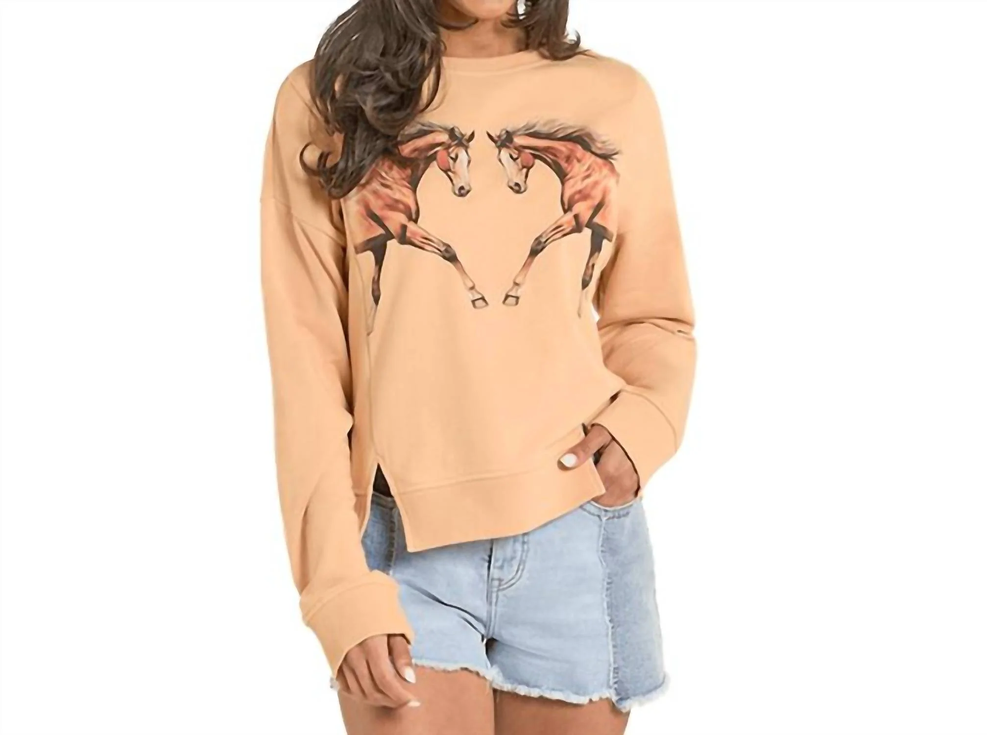Horse Graphic Pullover Sweatshirt In Tan