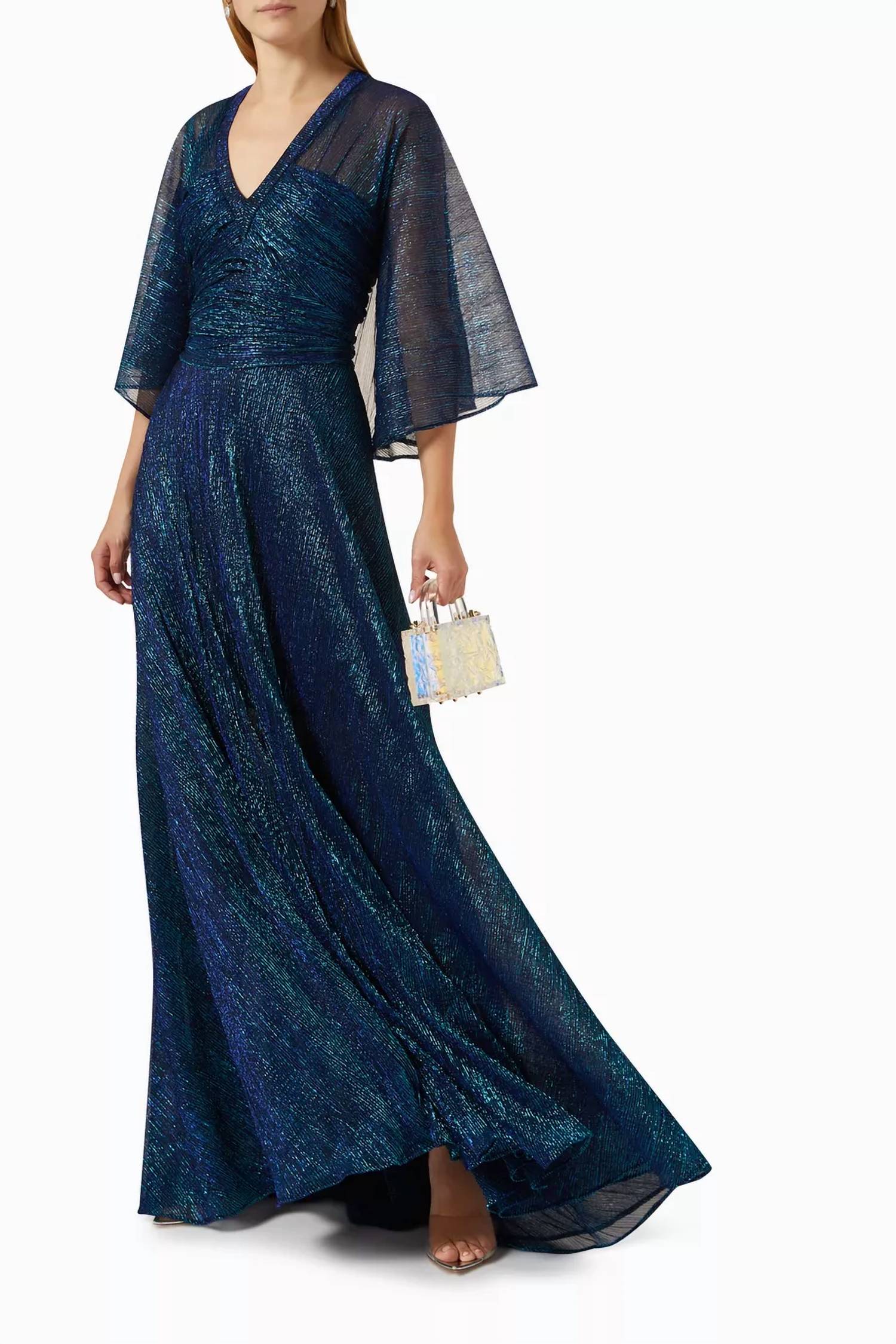 Hottie Metallic Voile 3/4 Sleeve V Neck Gown In Navy - Image 2