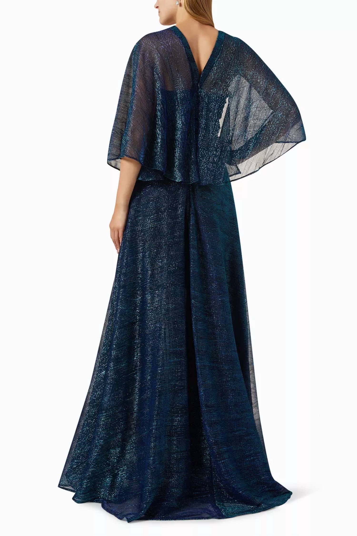 Hottie Metallic Voile 3/4 Sleeve V Neck Gown In Navy - Image 3