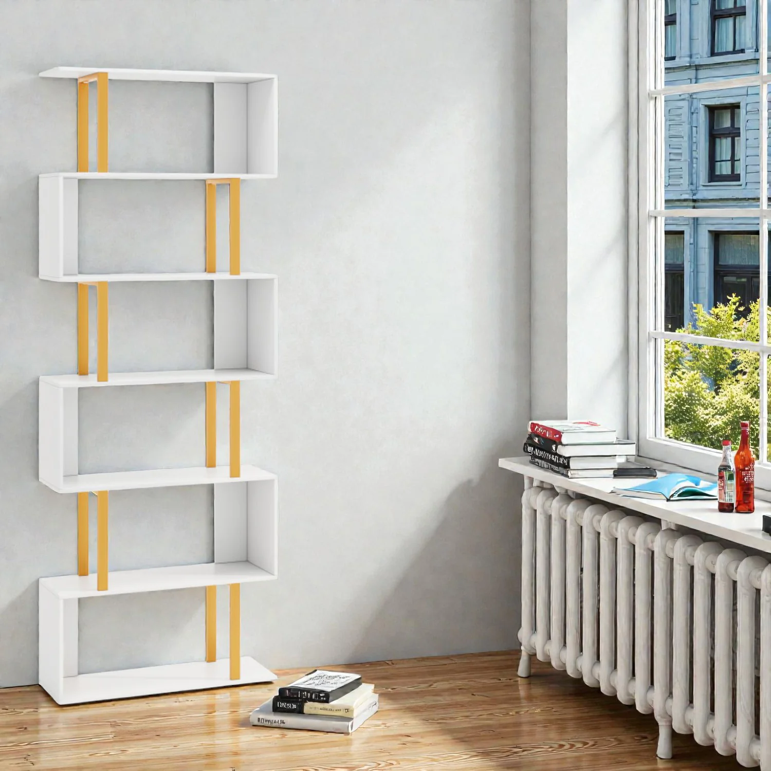 Industrial Metal Frame Bookshelf with Geometric Shelves and Wall Mount Kits - Image 4