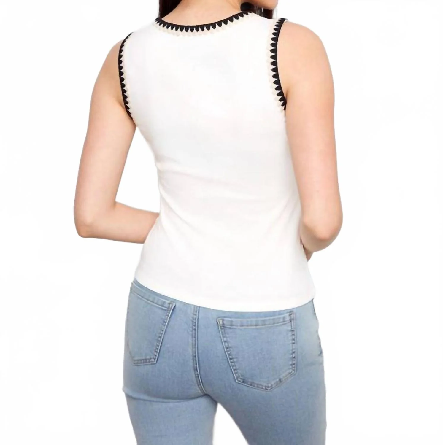 Interlock Knit Tank Top With Crochet Detail In White - Image 3