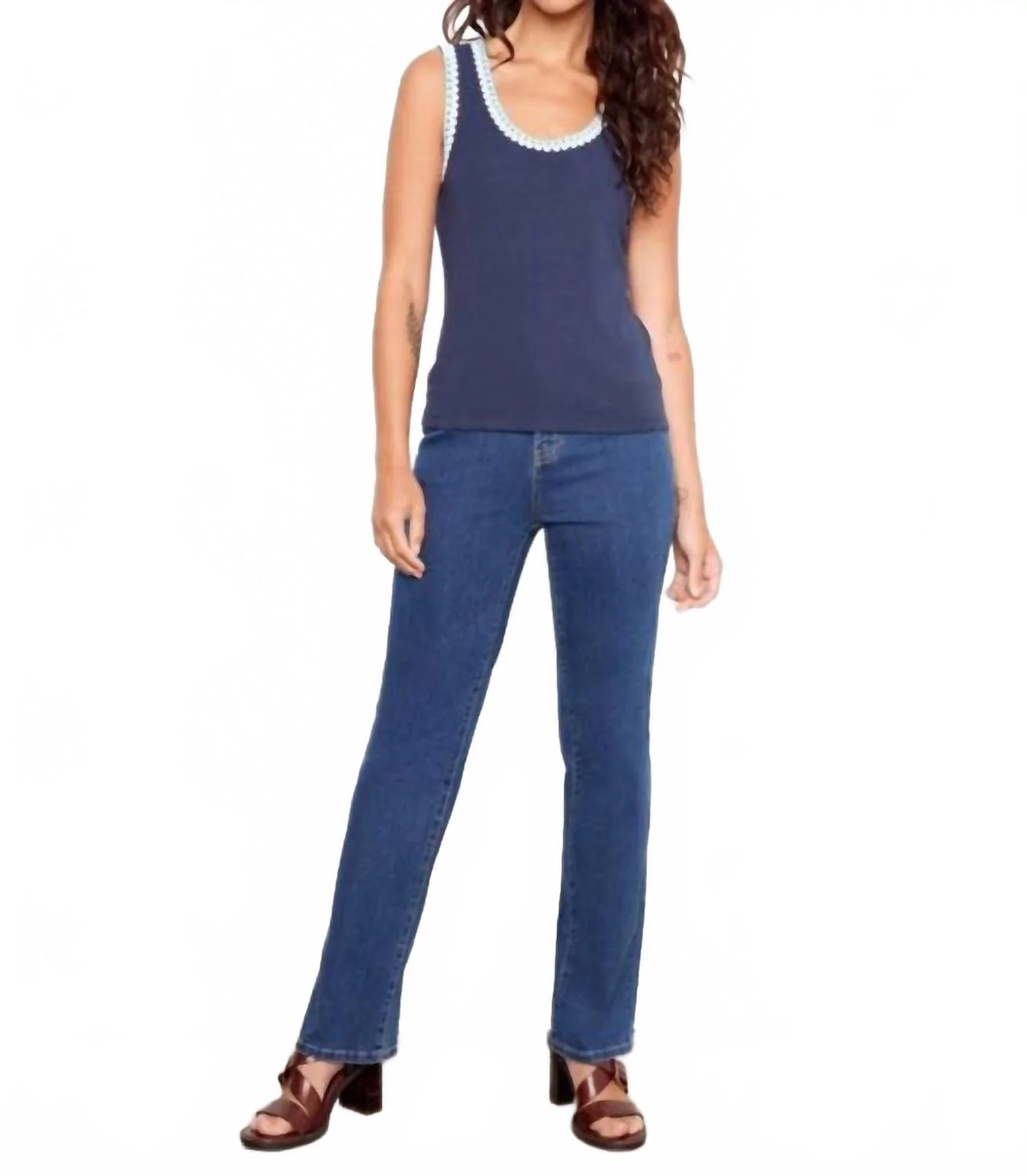 Interlock Knit Tank Top With Crotchet Detail In Navy - Image 3