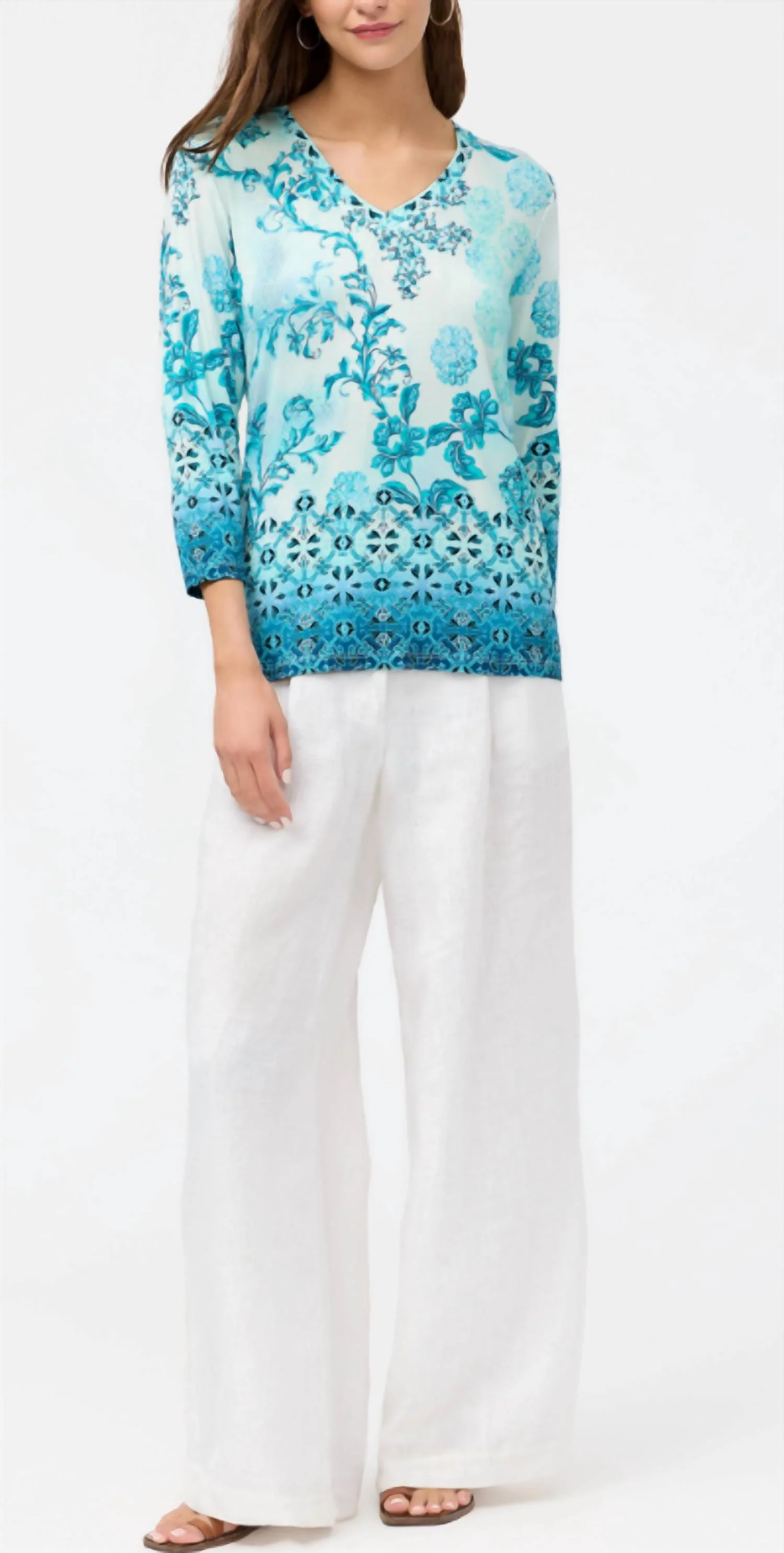 Janie Favorite 3/4 Sleeve V-Neck Tee In Vittoria Scarf - Image 3