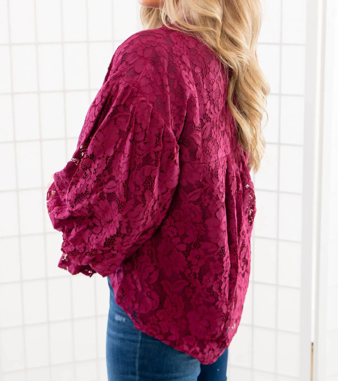 Jayne Lace Bubble Sleeve Blouse In Wine - Image 3