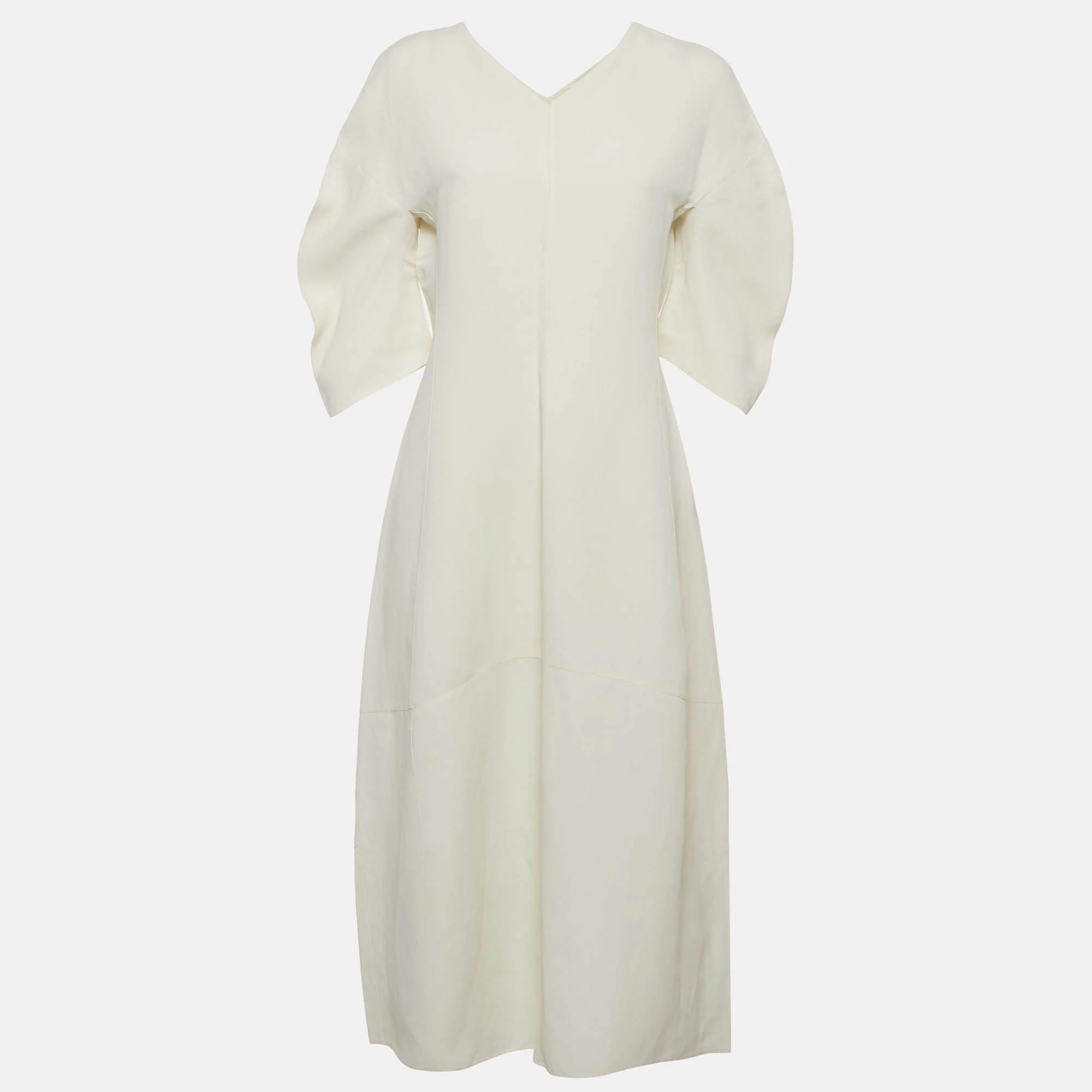 Jil Sander White Linen Curved Sleeve V-Neck Midi Dress