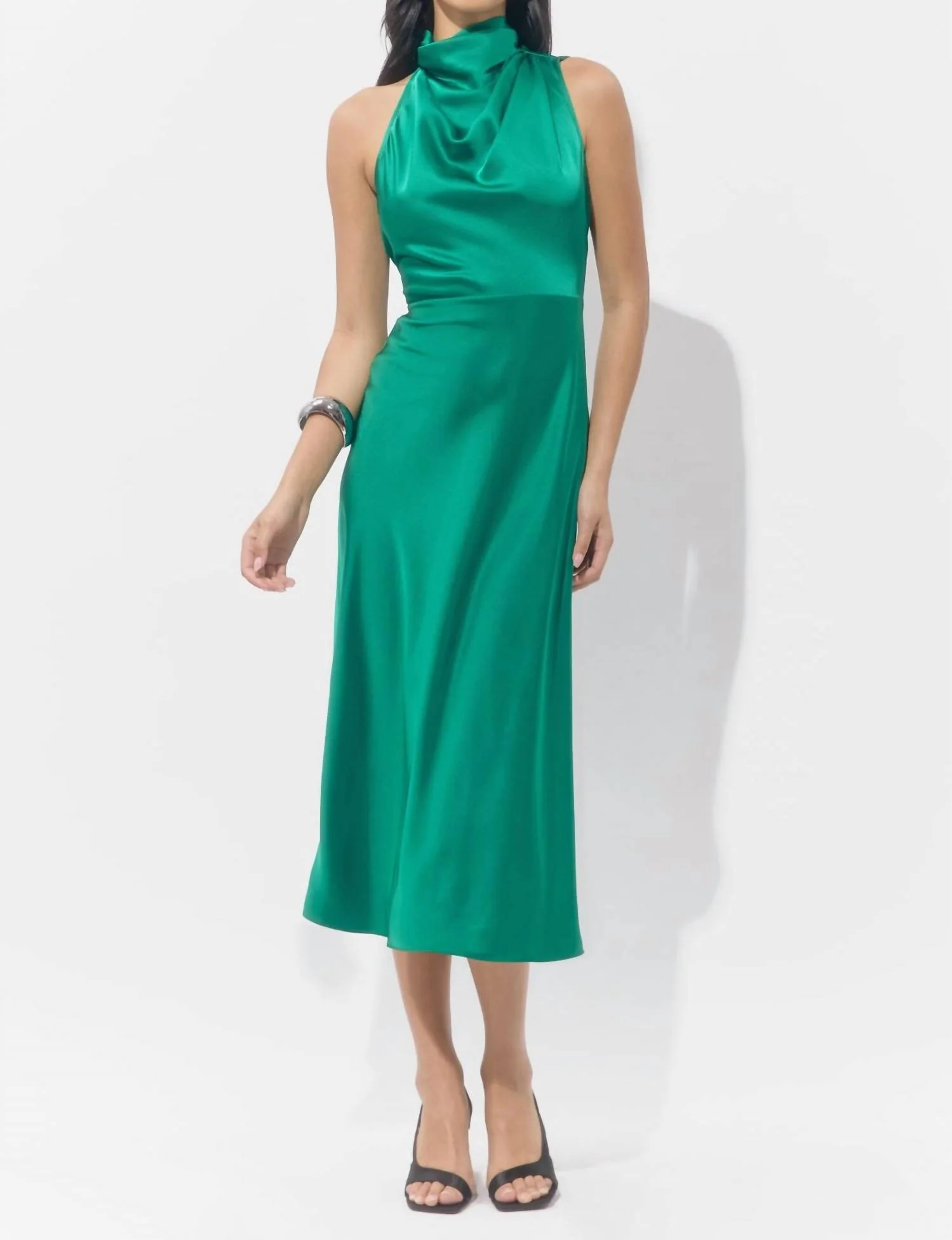 Jodie High Neck Satin Midi Dress In Emerald