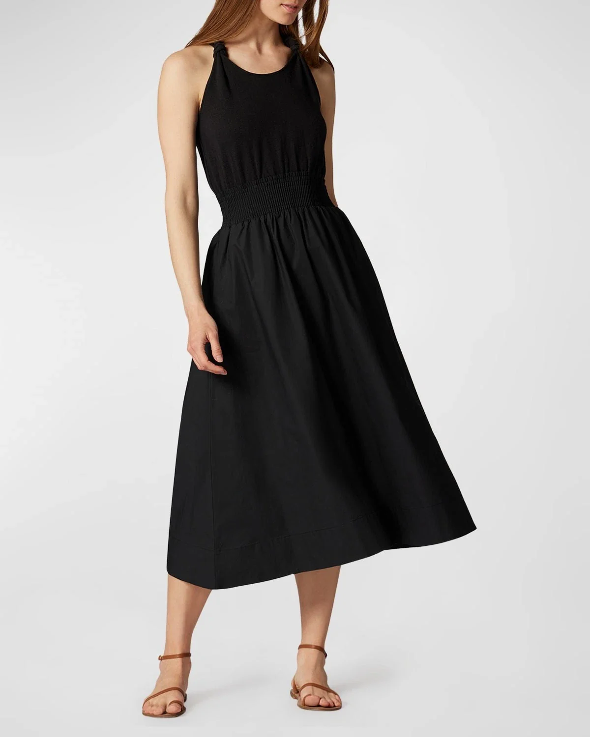 Joie Kenzie Midi Dress Women's Black Poplin Smocked Waist Sleeveless FROG340