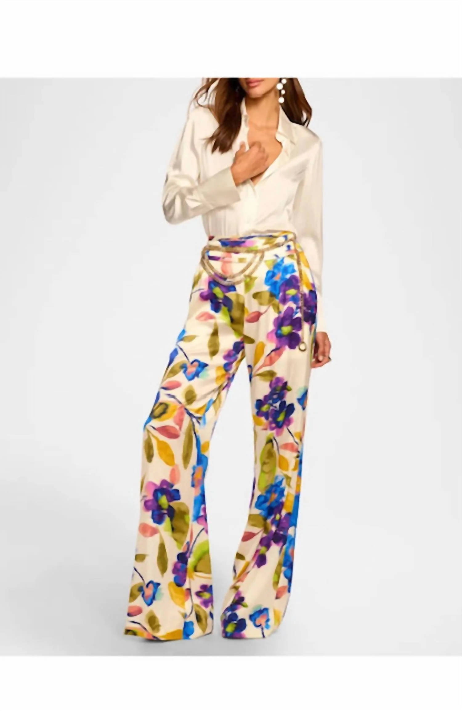Joss Printed Silk Wide Leg Pant In Ivory Floral