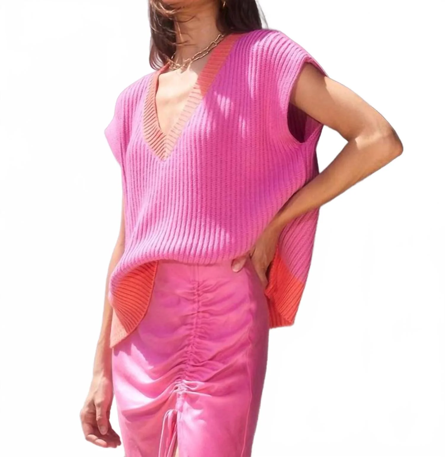 Jules Sweater Vest In Pink/orange - Image 2
