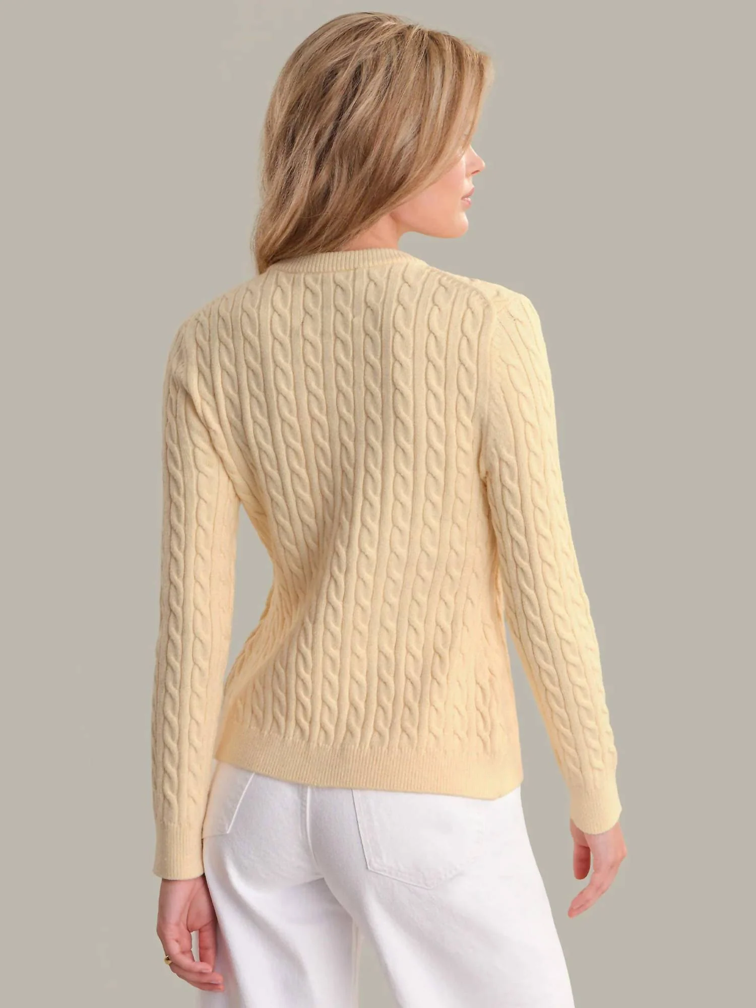 Julianna Cable Knit Crewneck Cardigan In Butter Yellow - Image 2