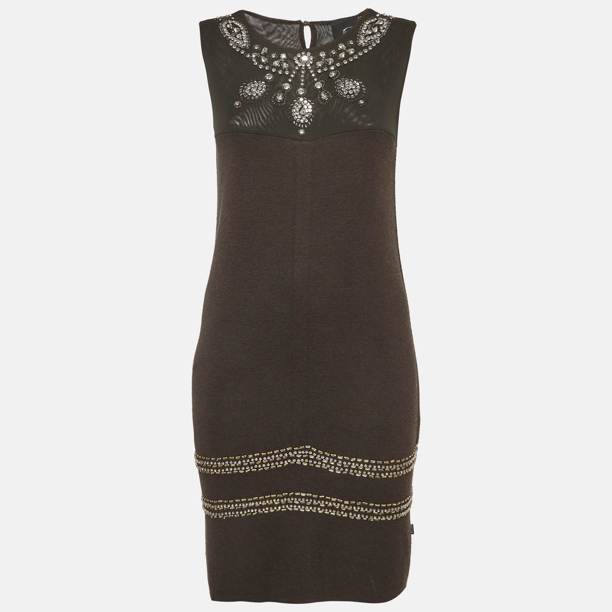 Just Cavalli Charcoal Black Knit And Mesh Embellished Midi Dress