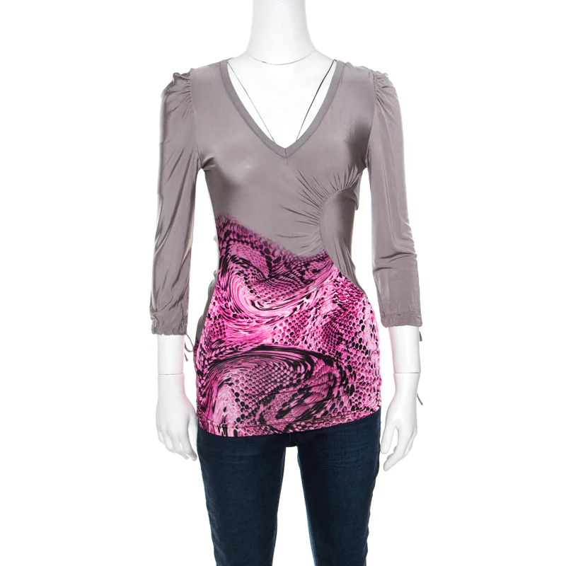Just Cavalli Grey And Pink Animal Printed Ruched Long Sleeve Top