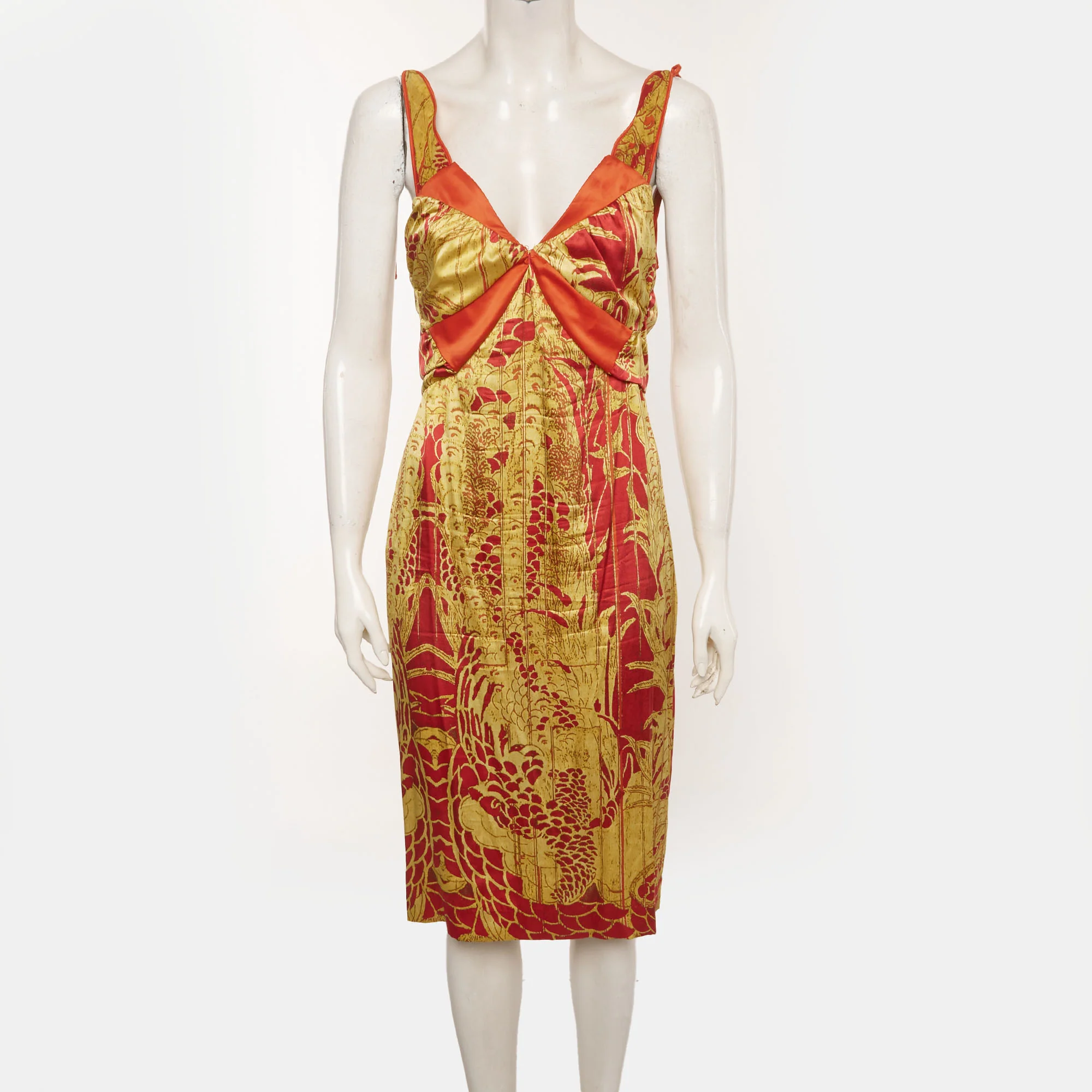 Just Cavalli Red/gold Chinoiserie Print Satin Knee Length Dress - Image 2