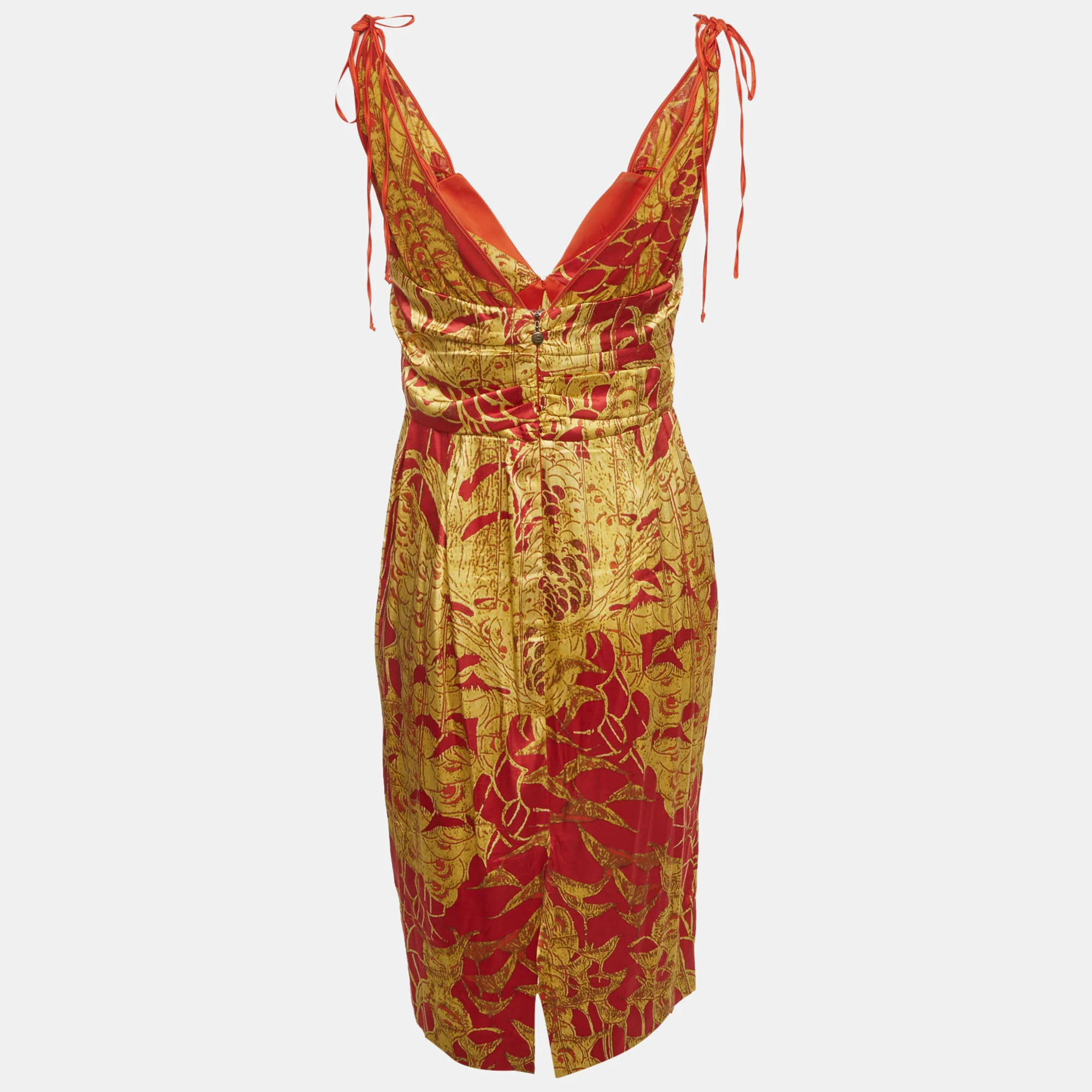 Just Cavalli Red/gold Chinoiserie Print Satin Knee Length Dress - Image 3