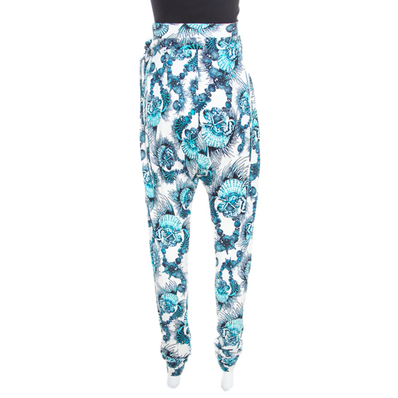 Just Cavalli White And Blue Shell Printed Draped Tie Detail Pants - Image 3