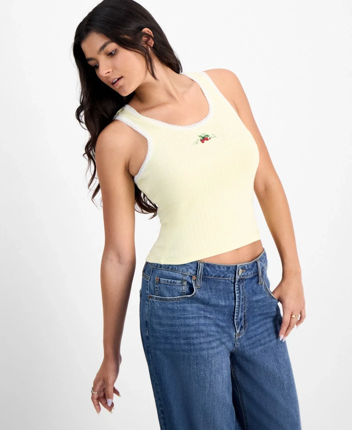 Just Polly Tank Top Women's Ivory Stretch Lace Trim Scoop Neck Cropped PAL61