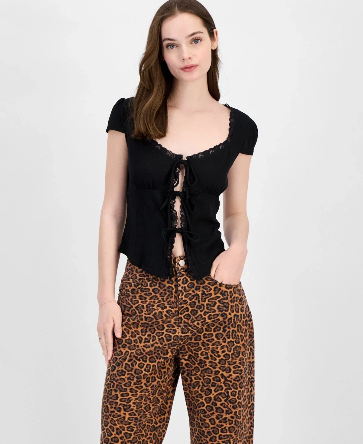 Just Polly Top Women's Black Lace Trim Cap Sleeve Sweetheart Neck PAL159 - Image 3