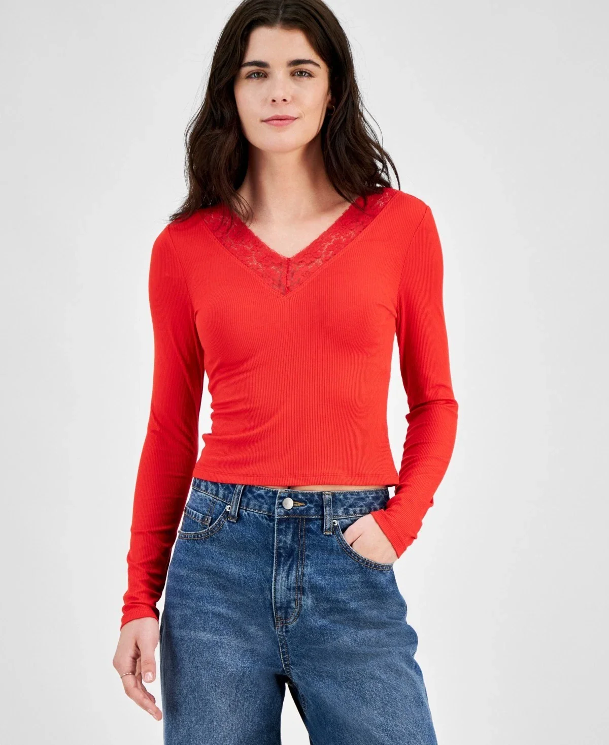 Just Polly Top Women's Juniors Red Stretch Lace Trim V-Neck Long Sleeve PAL93 - Image 2