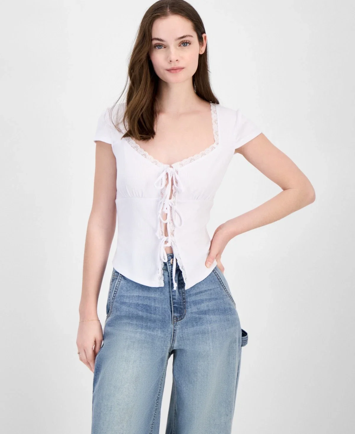 Just Polly Top Womens White Lace Trim Tie Front Cap Sleeve Sweetheart Neck PAL92