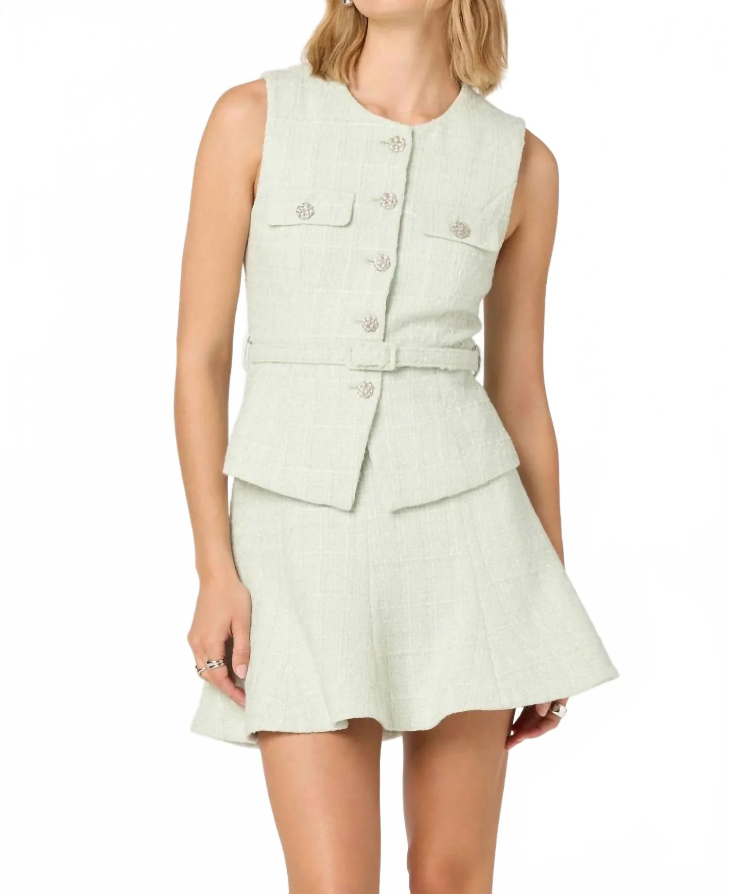 Kelson Belted Tweed Vest In Mint