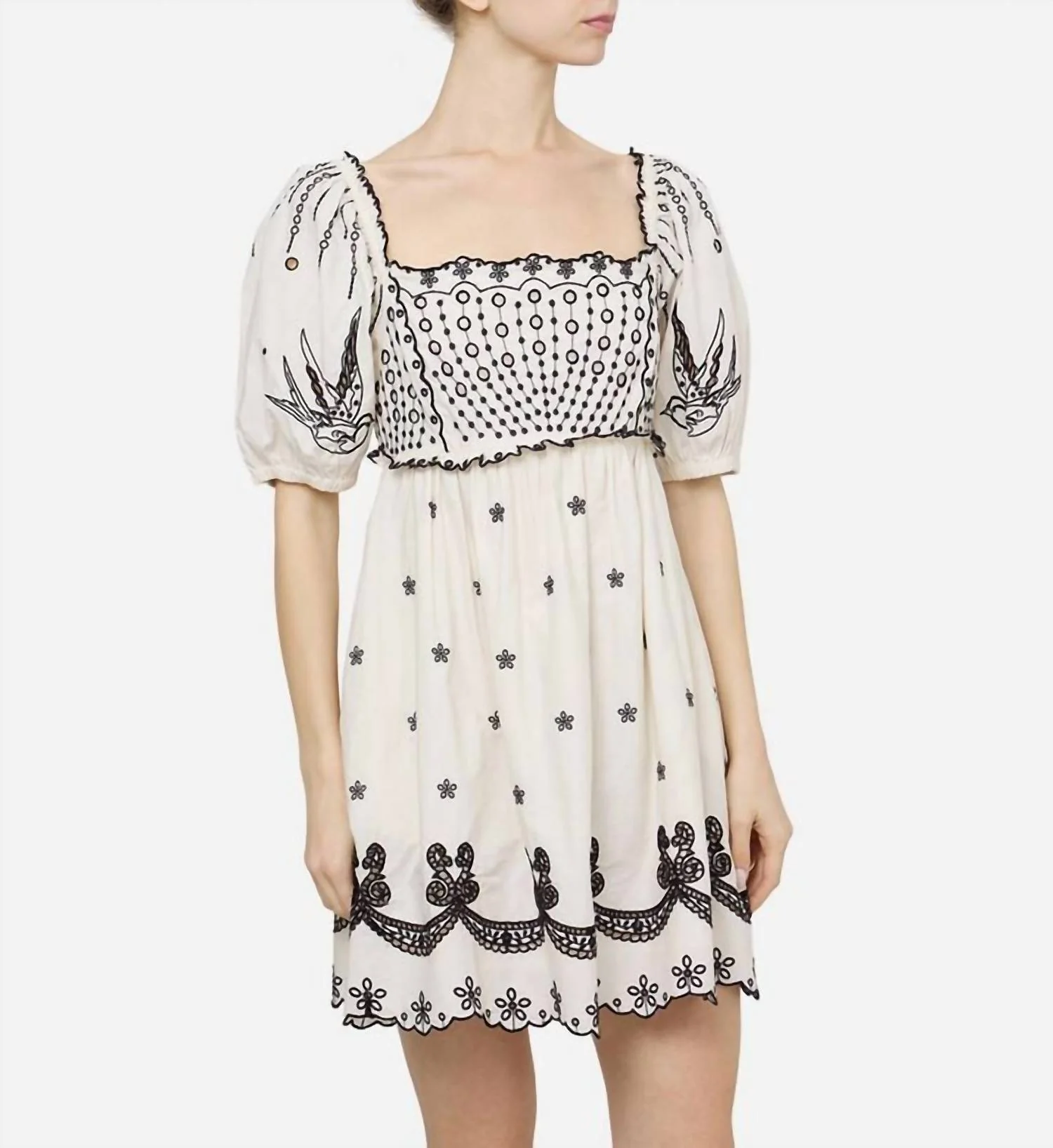 Kingsley Embroidered Puff Sleeve Dress In Cream - Image 2