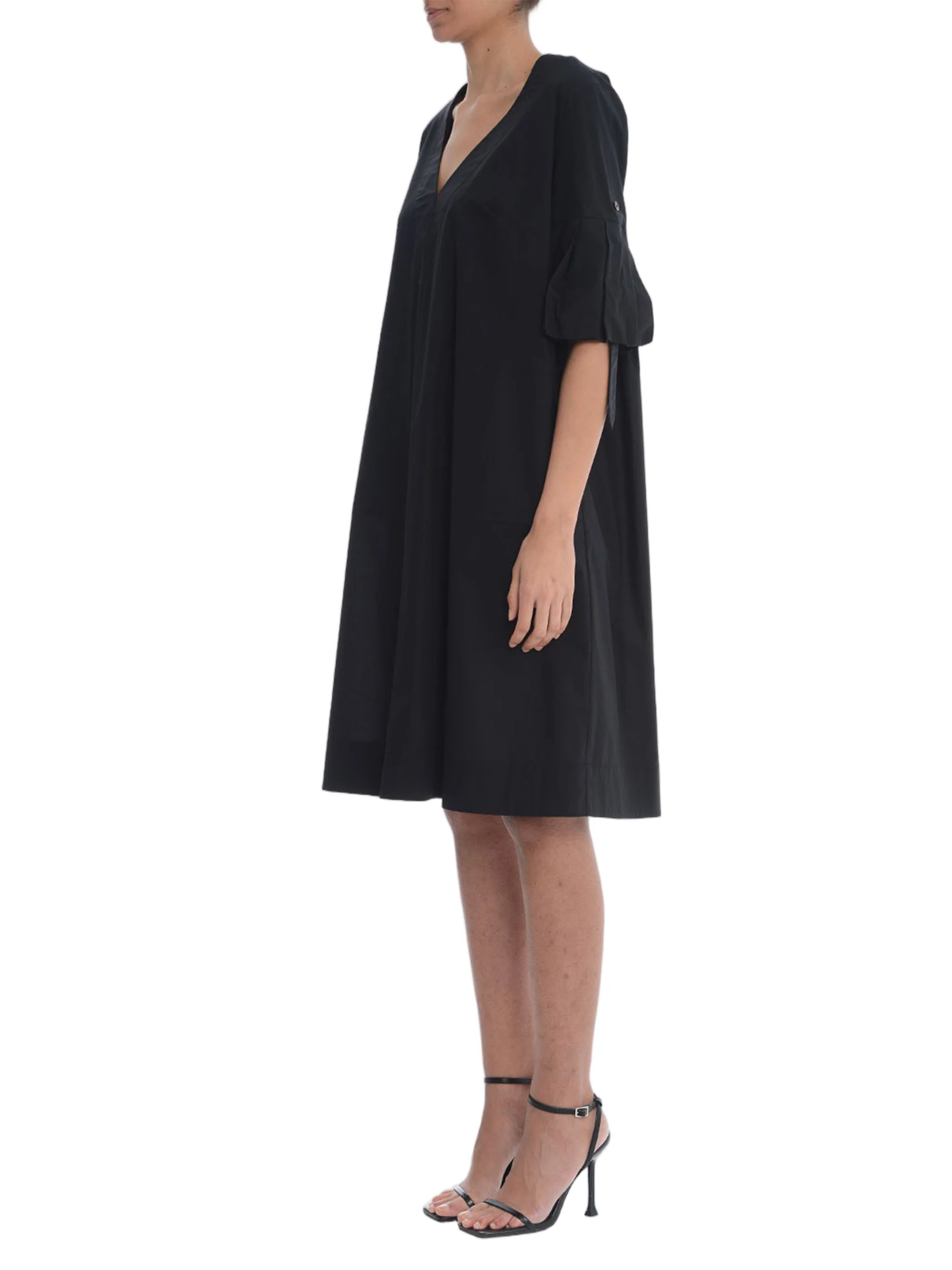 Knee-Length Black V-Neck Gathered Dress - Image 2