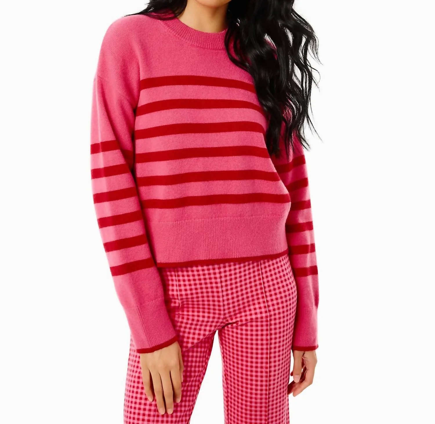 Knit Junior Carlyle Crewneck Sweater In Rose Cherry Stripe
