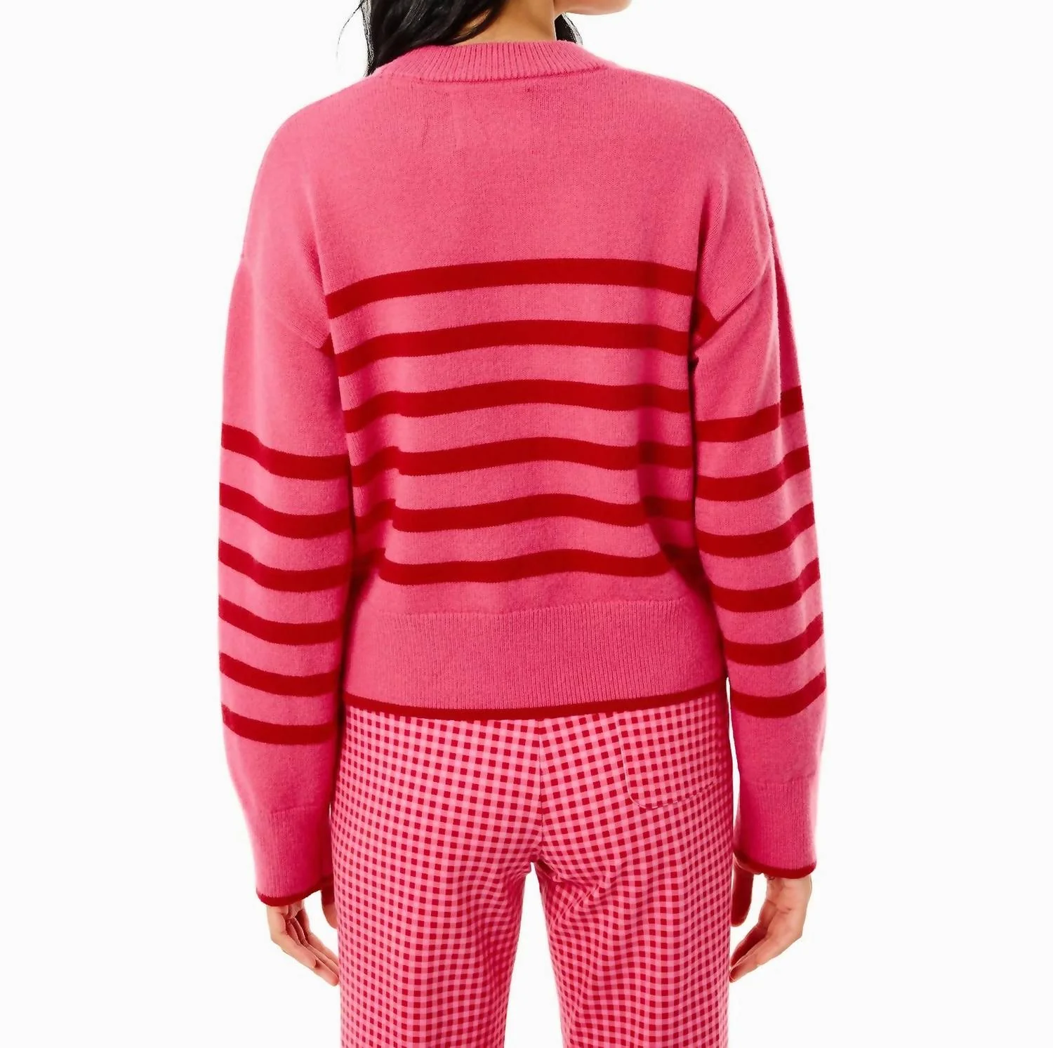 Knit Junior Carlyle Crewneck Sweater In Rose Cherry Stripe - Image 3